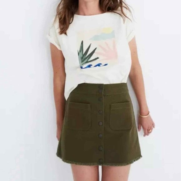 Madewell Dresses & Skirts - Madewell Olive Green Raw Hem Button Up Skirt | Sz 14